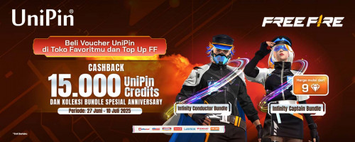 Anniversary Bundle Spesial dari Free Fire kembali hadir! Bonus Hingga 15Ribu UniPin Credits dengan Top Up Diamond FF Pakai Voucher UniPin!